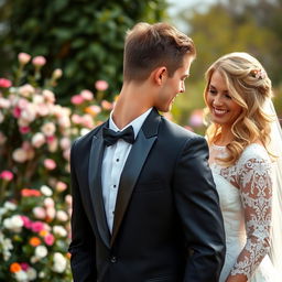 A beautifully composed wedding scene featuring a bride and groom in a romantic outdoor setting