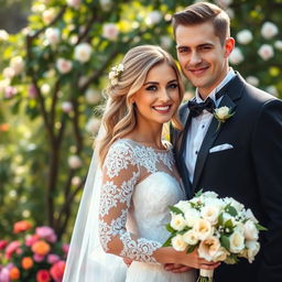 A beautifully composed wedding scene featuring a bride and groom in a romantic outdoor setting