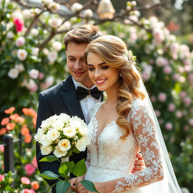 A beautifully composed wedding scene featuring a bride and groom in a romantic outdoor setting