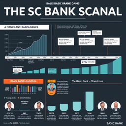 A detailed infographic illustrating the basic bank scandal, featuring a variety of graphs and charts that depict financial losses, timelines of events, and key figures involved