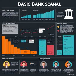 A detailed infographic illustrating the basic bank scandal, featuring a variety of graphs and charts that depict financial losses, timelines of events, and key figures involved