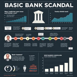 A detailed infographic illustrating the basic bank scandal, featuring a variety of graphs and charts that depict financial losses, timelines of events, and key figures involved