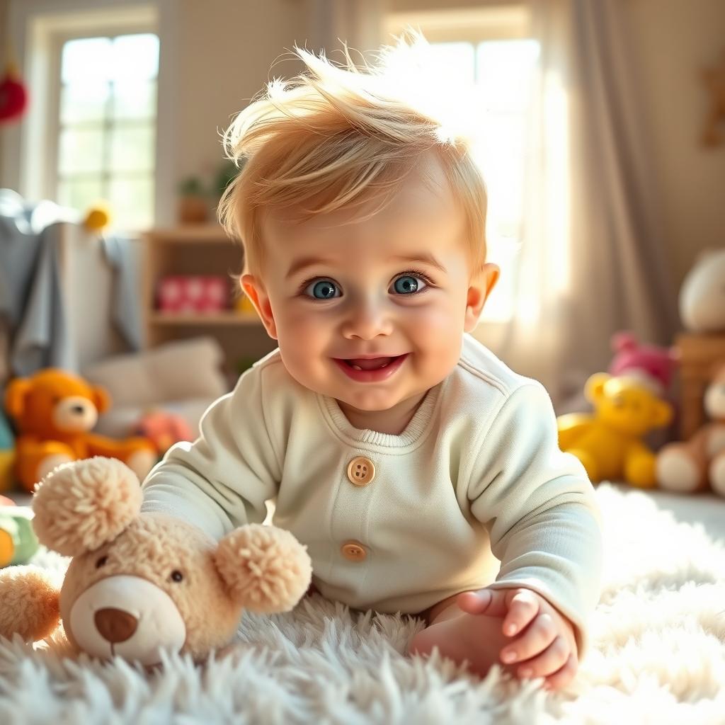 A cute baby with big, sparkling blue eyes and soft, tufted blonde hair, wearing a cozy pastel-colored onesie, sitting on a fluffy white rug surrounded by colorful plush toys