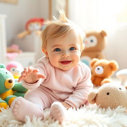 A cute baby with big, sparkling blue eyes and soft, tufted blonde hair, wearing a cozy pastel-colored onesie, sitting on a fluffy white rug surrounded by colorful plush toys