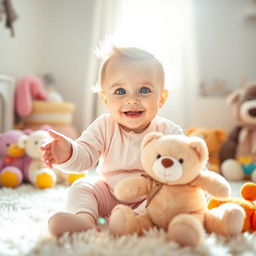 A cute baby with big, sparkling blue eyes and soft, tufted blonde hair, wearing a cozy pastel-colored onesie, sitting on a fluffy white rug surrounded by colorful plush toys