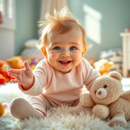 A cute baby with big, sparkling blue eyes and soft, tufted blonde hair, wearing a cozy pastel-colored onesie, sitting on a fluffy white rug surrounded by colorful plush toys