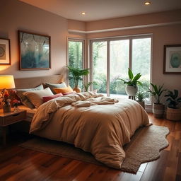 A cozy and inviting bedroom scene featuring a large, plush bed adorned with soft, colorful pillows and a warm, thick blanket