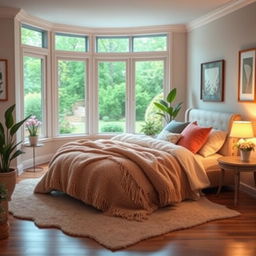 A cozy and inviting bedroom scene featuring a large, plush bed adorned with soft, colorful pillows and a warm, thick blanket