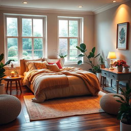 A cozy and inviting bedroom scene featuring a large, plush bed adorned with soft, colorful pillows and a warm, thick blanket