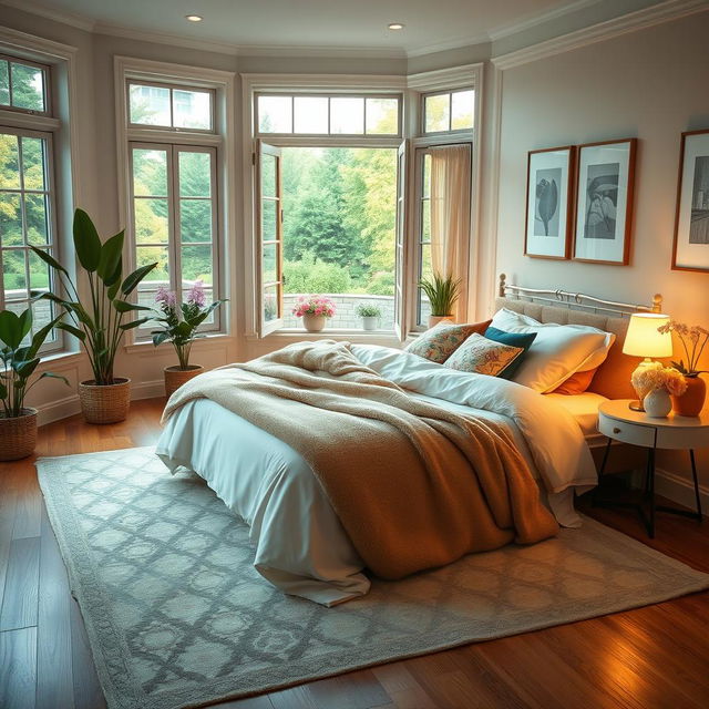 A cozy and inviting bedroom scene featuring a large, plush bed adorned with soft, colorful pillows and a warm, thick blanket