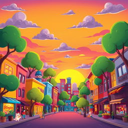A vibrant cartoon-style cityscape at sunset featuring colorful buildings with exaggerated shapes and sizes, whimsical trees with playful, oversized leaves all around