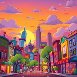 A vibrant cartoon-style cityscape at sunset featuring colorful buildings with exaggerated shapes and sizes, whimsical trees with playful, oversized leaves all around