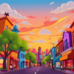 A vibrant cartoon-style cityscape at sunset featuring colorful buildings with exaggerated shapes and sizes, whimsical trees with playful, oversized leaves all around