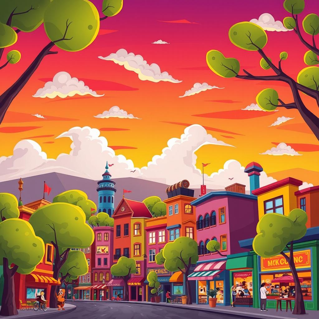 A vibrant cartoon-style cityscape at sunset featuring colorful buildings with exaggerated shapes and sizes, whimsical trees with playful, oversized leaves all around