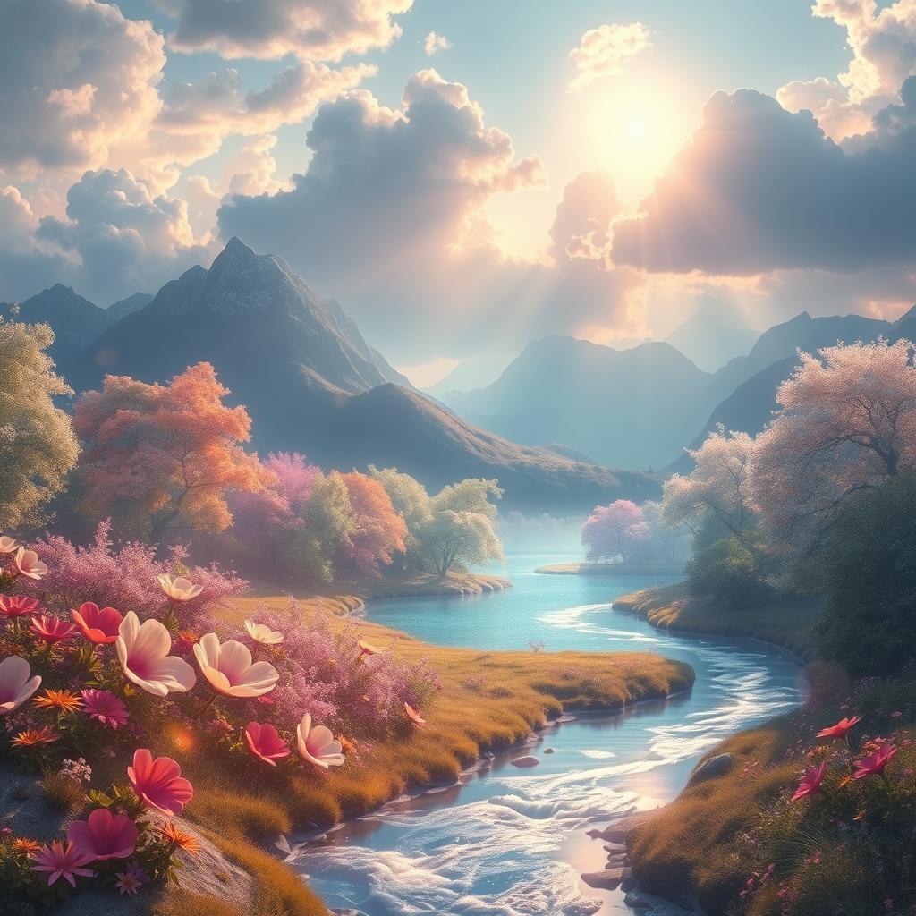 A captivating, surreal scene depicting a fantastical landscape bathed in soft, glowing light