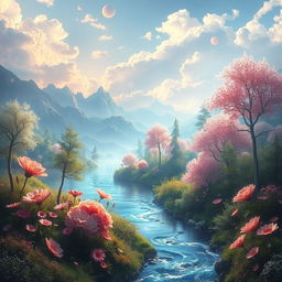 A captivating, surreal scene depicting a fantastical landscape bathed in soft, glowing light