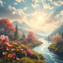 A captivating, surreal scene depicting a fantastical landscape bathed in soft, glowing light