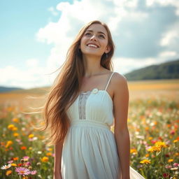 A beautiful young woman with long flowing hair, standing in a sunlit field filled with colorful wildflowers