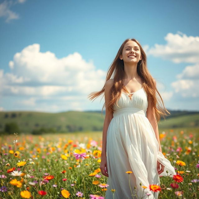 A beautiful young woman with long flowing hair, standing in a sunlit field filled with colorful wildflowers