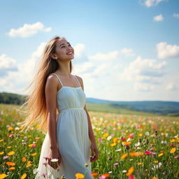 A beautiful young woman with long flowing hair, standing in a sunlit field filled with colorful wildflowers