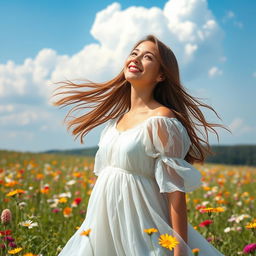 A beautiful young woman with long flowing hair, standing in a sunlit field filled with colorful wildflowers