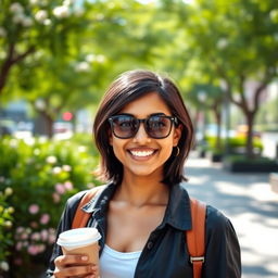 A portrait of a confident 30-year-old person with a charming smile, dressed in a stylish casual outfit, standing in a sunlit urban park