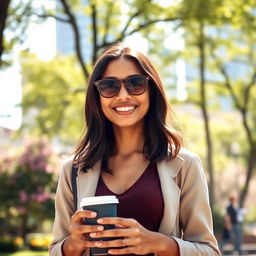 A portrait of a confident 30-year-old person with a charming smile, dressed in a stylish casual outfit, standing in a sunlit urban park