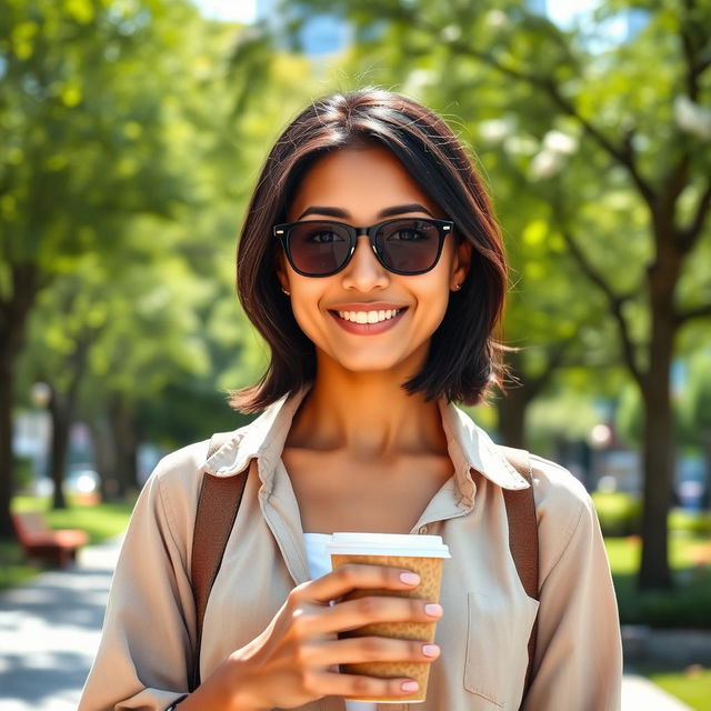 A portrait of a confident 30-year-old person with a charming smile, dressed in a stylish casual outfit, standing in a sunlit urban park