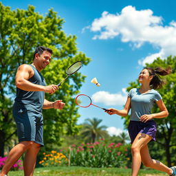 A vibrant scene of two friends playing badminton in a sunlit park