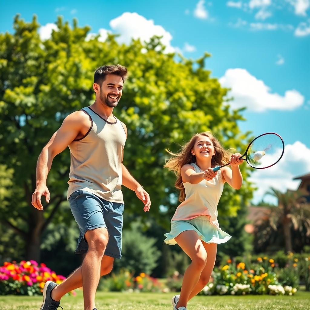 A vibrant scene of two friends playing badminton in a sunlit park