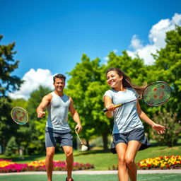 A vibrant scene of two friends playing badminton in a sunlit park