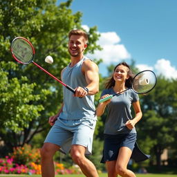 A vibrant scene of two friends playing badminton in a sunlit park