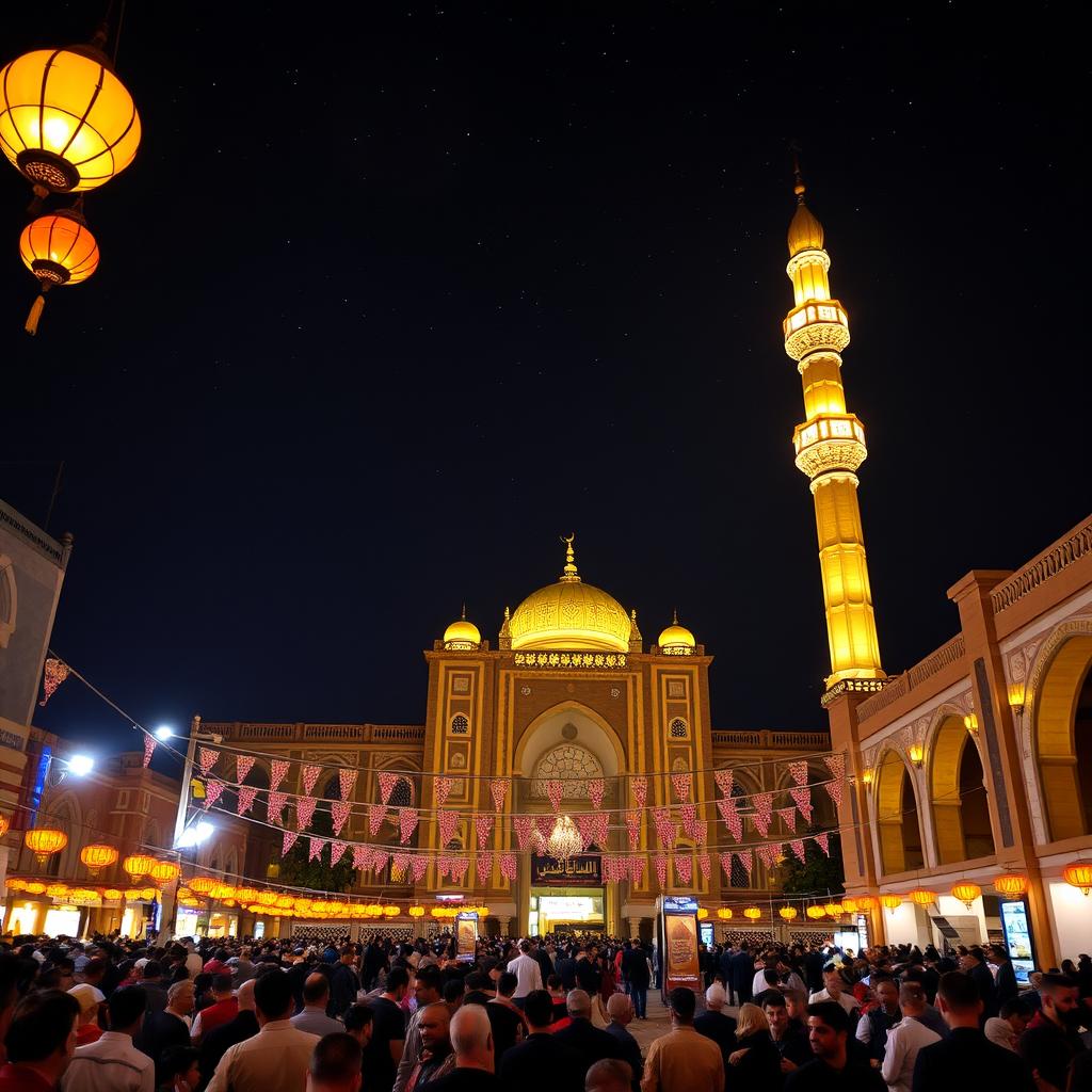 A stunning night view of Imam Hassan Square illuminated by bright lights and festive decorations for a celebration