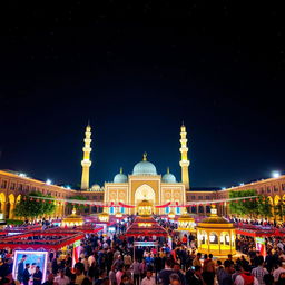 A stunning night view of Imam Hassan Square illuminated by bright lights and festive decorations for a celebration