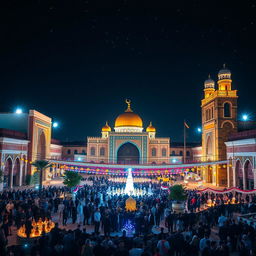 A stunning night view of Imam Hassan Square illuminated by bright lights and festive decorations for a celebration