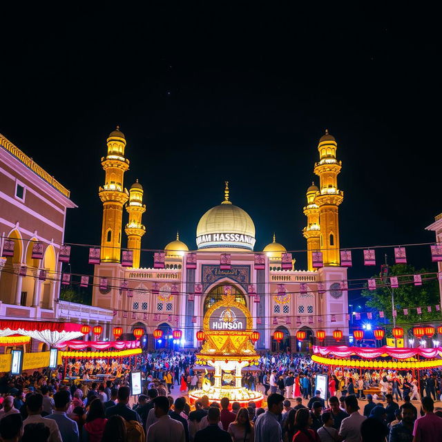 A stunning night view of Imam Hassan Square illuminated by bright lights and festive decorations for a celebration