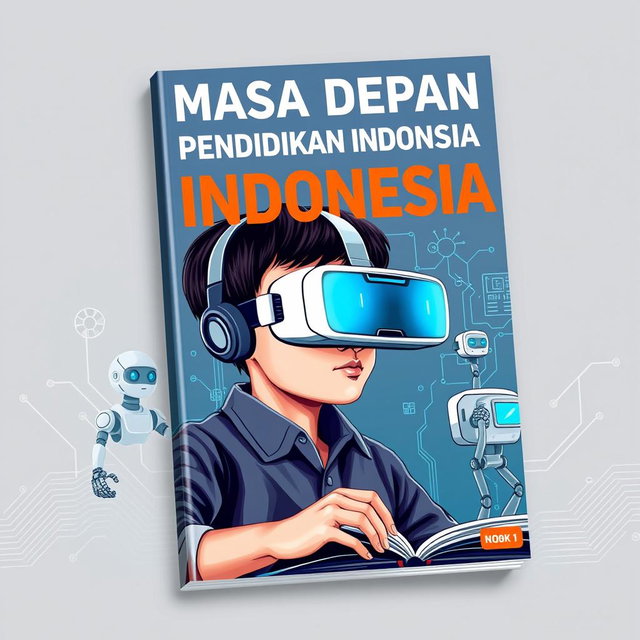 A book cover design featuring a student wearing virtual reality glasses while engaged in learning