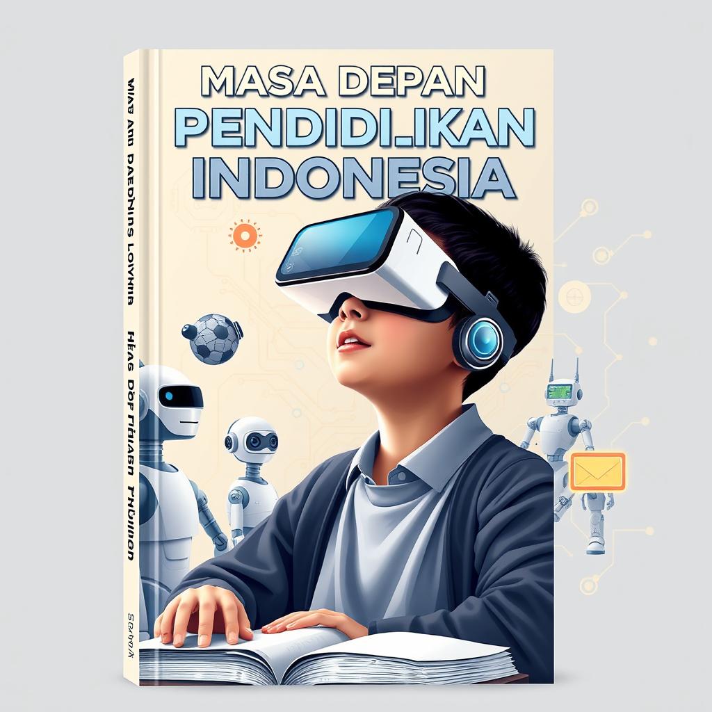 A book cover design featuring a student wearing virtual reality glasses while engaged in learning
