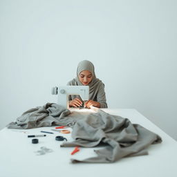 A minimalist scene featuring a woman wearing a hijab, sitting at a table sewing a piece of clothing