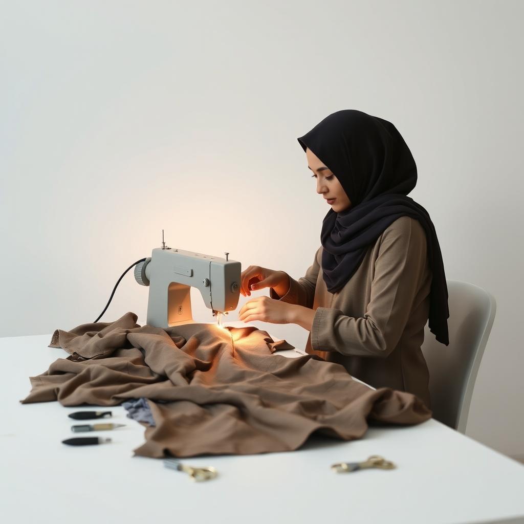 A minimalist scene featuring a woman wearing a hijab, sitting at a table sewing a piece of clothing