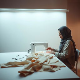 A minimalist scene featuring a woman wearing a hijab, sitting at a table sewing a piece of clothing