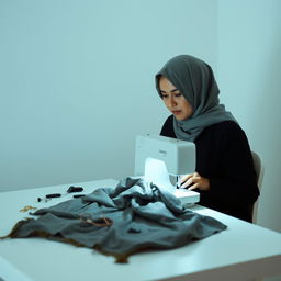 A minimalist scene featuring a woman wearing a hijab, sitting at a table sewing a piece of clothing