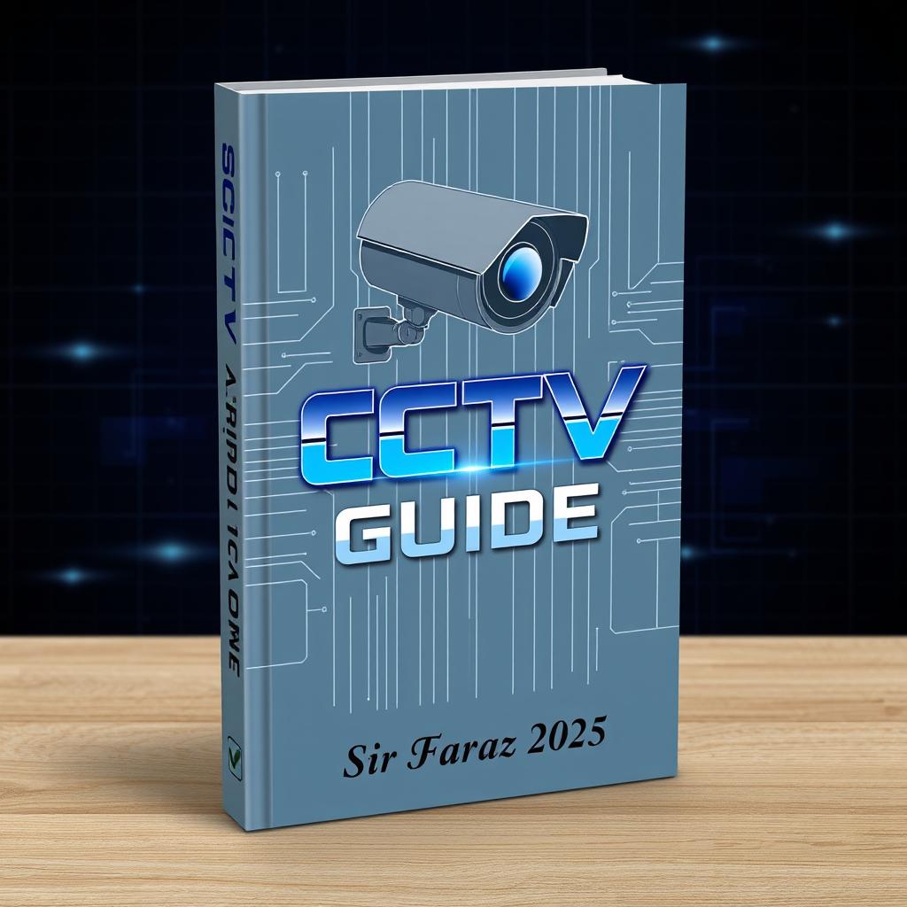 A sleek and modern book cover for 'CCTV Guide' by Sir Faraz 2025, featuring a high-tech design with a prominent illustration of a CCTV camera