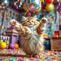 A humorous scene featuring a fluffy, playful cat dancing joyfully