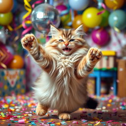 A humorous scene featuring a fluffy, playful cat dancing joyfully