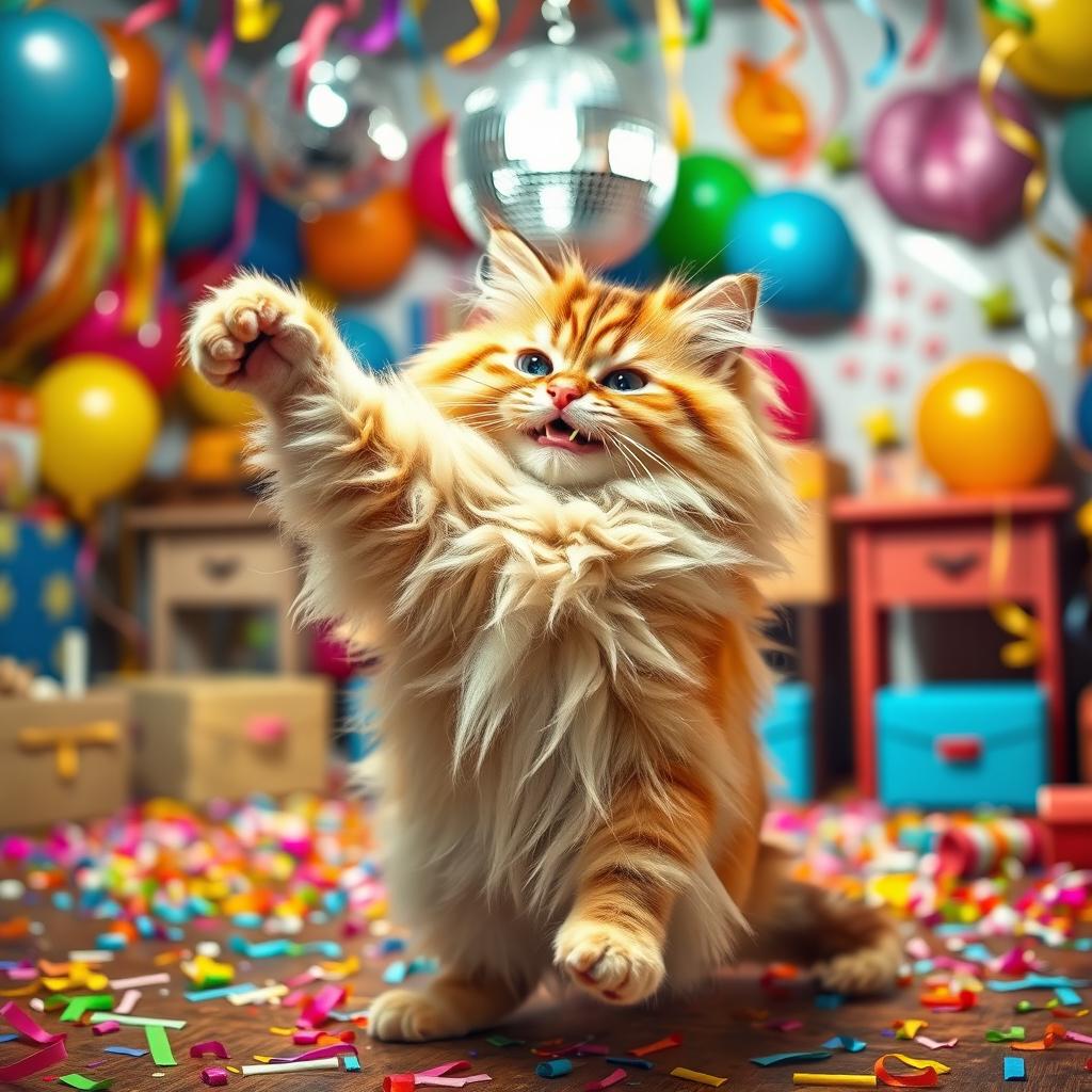 A humorous scene featuring a fluffy, playful cat dancing joyfully