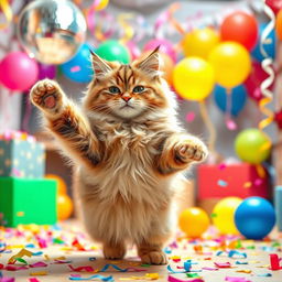 A humorous scene featuring a fluffy, playful cat dancing joyfully
