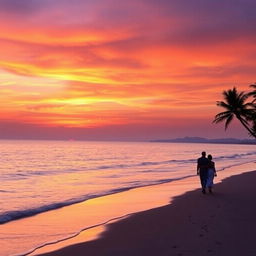 a breathtaking sunset over a tranquil beach, vibrant hues of orange, pink, and purple reflecting off the calm waters, gentle waves lapping at the shore, palm trees silhouetted against the colorful sky, a couple walking hand in hand along the beach, their footprints trailing behind them in the soft sand, the atmosphere conveying peace and romance
