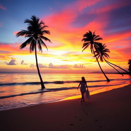 a breathtaking sunset over a tranquil beach, vibrant hues of orange, pink, and purple reflecting off the calm waters, gentle waves lapping at the shore, palm trees silhouetted against the colorful sky, a couple walking hand in hand along the beach, their footprints trailing behind them in the soft sand, the atmosphere conveying peace and romance