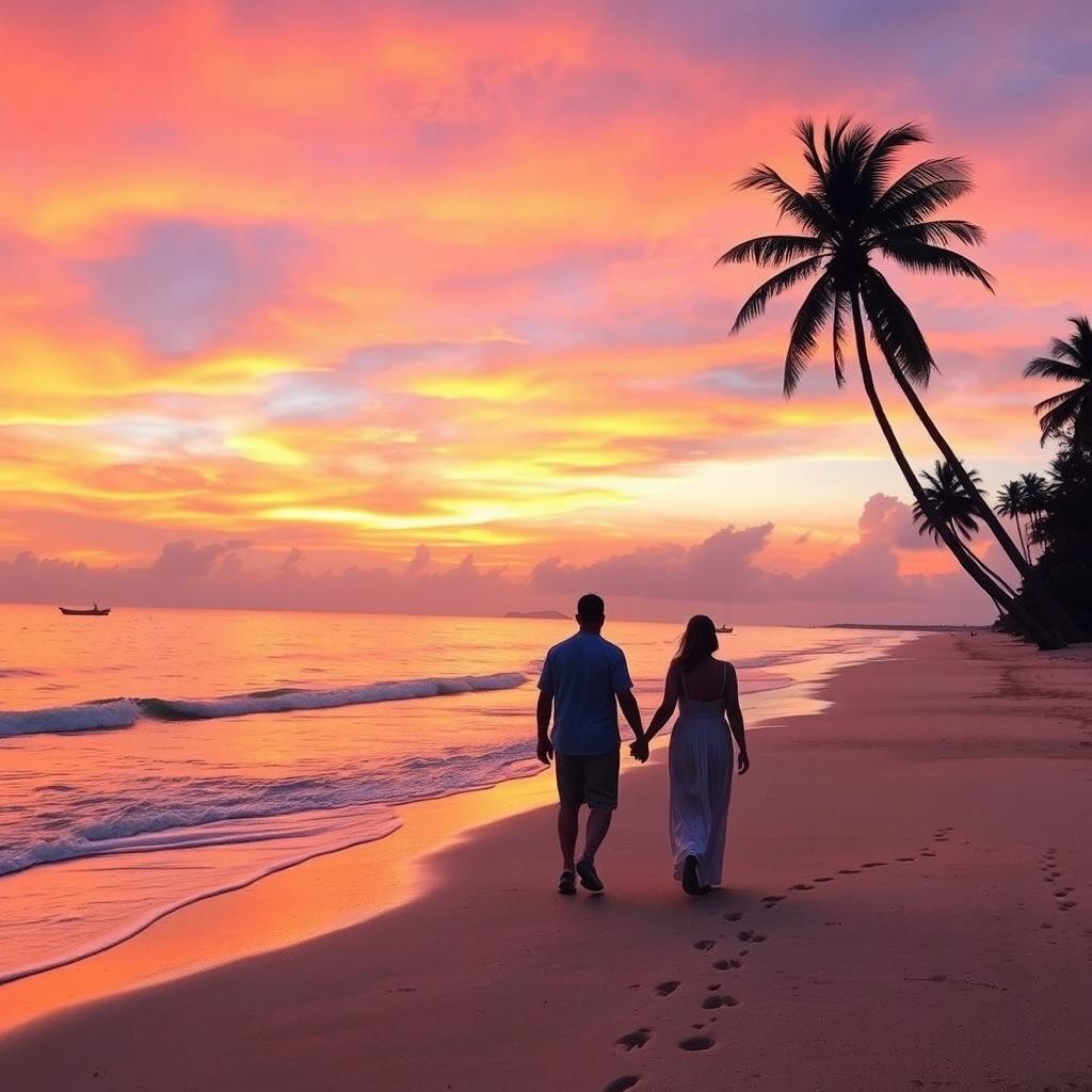 a breathtaking sunset over a tranquil beach, vibrant hues of orange, pink, and purple reflecting off the calm waters, gentle waves lapping at the shore, palm trees silhouetted against the colorful sky, a couple walking hand in hand along the beach, their footprints trailing behind them in the soft sand, the atmosphere conveying peace and romance